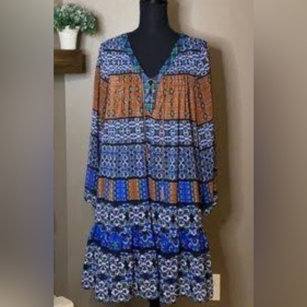 NY Collection Blue brown Casual Dress Lace Up Cottagecore long sleeve ruffle hem